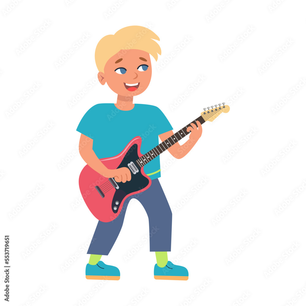 Musician guitarist in professional uniform. Vector illustration of children choosing future profession isolated on white background Musician guitarist in professional uniform. Vector illustration of children choosing future profession isolated on white background