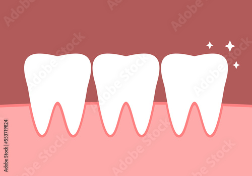 White shiny clean teeth on gum in mouth dental cartoon character icon flat vector design.