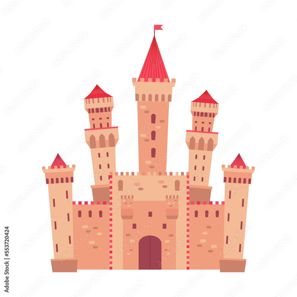 Luxurious stone castle cartoon illustration. Gothic architecture, fairytale palace and Medieval fortress isolated on white background
