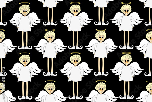 Seamless pattern with beautiful cartoon angel on long legs with halo. Christmas concept. Wallpaper and ber linen print.