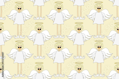 Seamless pattern with beautiful cartoon angel on long legs with halo. Christmas concept. Wallpaper and ber linen print.