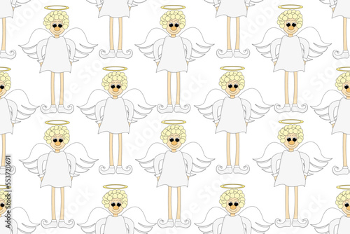 Seamless pattern with beautiful cartoon angel on long legs with halo. Christmas concept. Wallpaper and ber linen print.