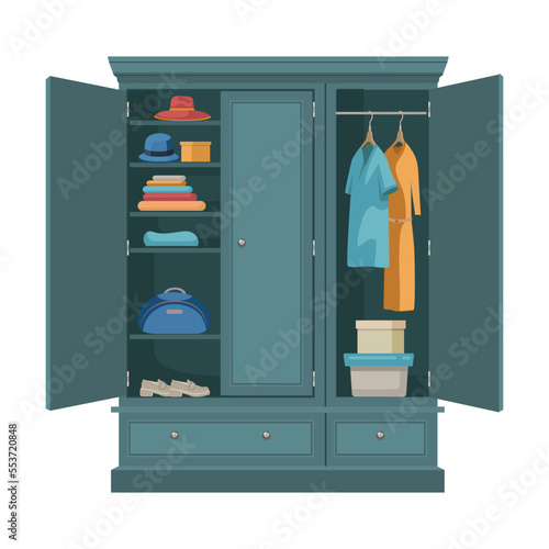 Open wardrobe vector illustration of cabinet with hanging clothes hangers and drawers isolated on white