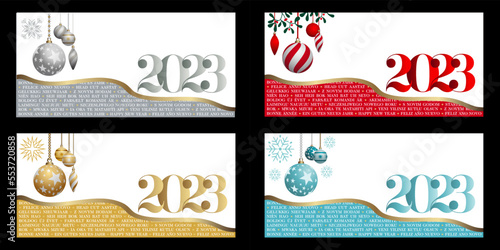 2023 - 4 Cartes de vœux pour souhaiter le nouvel an en plusieurs langues, réalisées en 4 couleurs (argent, or, rouge et turquoise) et avec des décorations différentes.