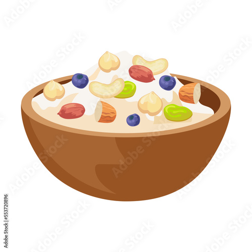 Healthy breakfast muesli plate, vector illustration. Plates and bowls with healthy food, fruit, vegetables isolated on white background