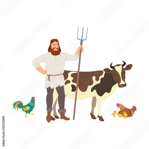 Medieval village farmer with animals cartoon illustration. Character of middle age period isolated on white background