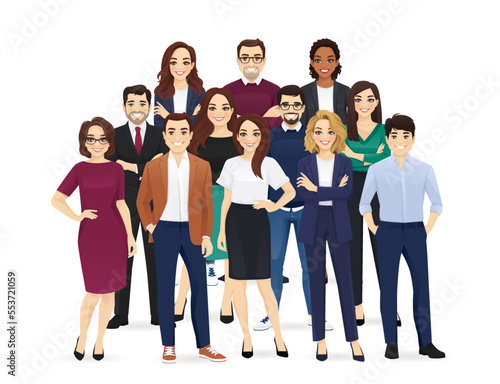 Team of colleagues in different ages and races. Group of happy diverse multiethnic business cartoon people standing together. Isolated vector illustration.