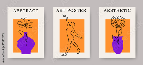 Vector set of abstract trendy line art female body figure and with flowers in vase compositions. Aesthetic creative floral illustrations and art posters for print, cover