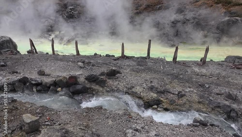 Tamagawa Hot Spring in Akita, Japan. Tamagawa is the highest flow rate hot spring, it has the most acidic water in Japan. photo