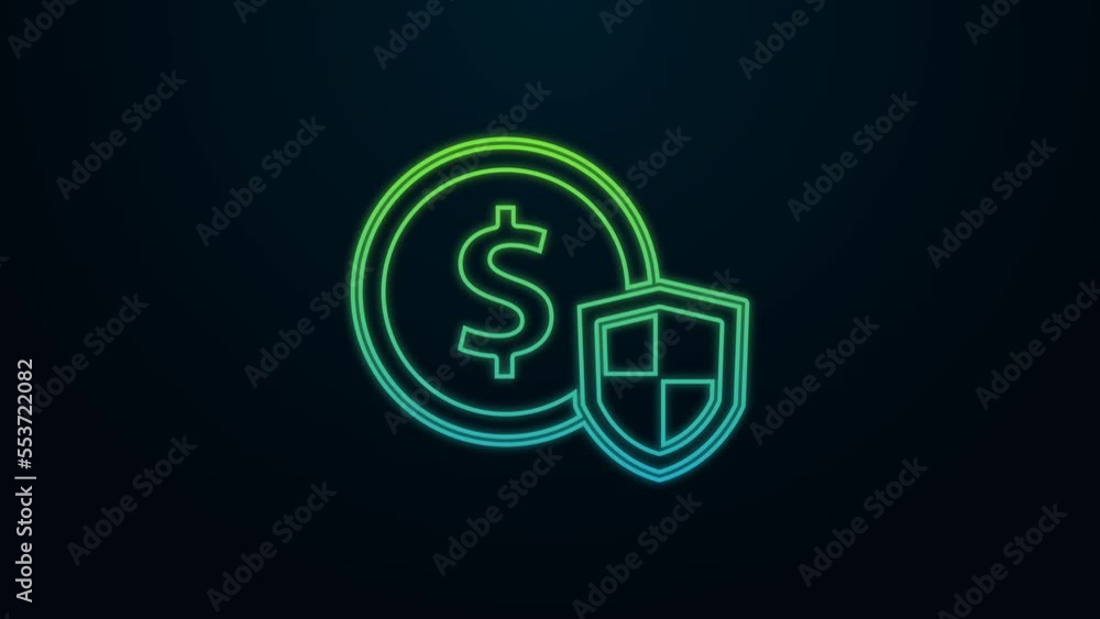 Glowing neon line Money with shield icon isolated on black background. Insurance concept. Security, safety, protection, protect concept. 4K Video motion graphic animation Glowing neon line Money with shield icon isolated on black background. Insurance concept. Security, safety, protection, protect concept. 4K Video motion graphic animation