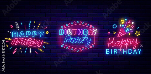 Happy Birthday neon signs collection. B-Day party celebration. Confetti and vintage frame. Vector illustration