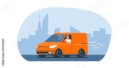 Mini box truck with a driver rides on the background of an abstract cityscape. Vector illustration.