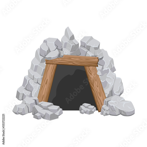 Underground ore mine. Colorful mine explosion tools cartoon illustration. Pickaxe with wooden handle, cave and tunnel entrance isolated on white