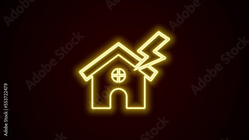 Glowing neon line House and lightning icon isolated on black background. House with thunderbolt for house or property insurance symbol. 4K Video motion graphic animation