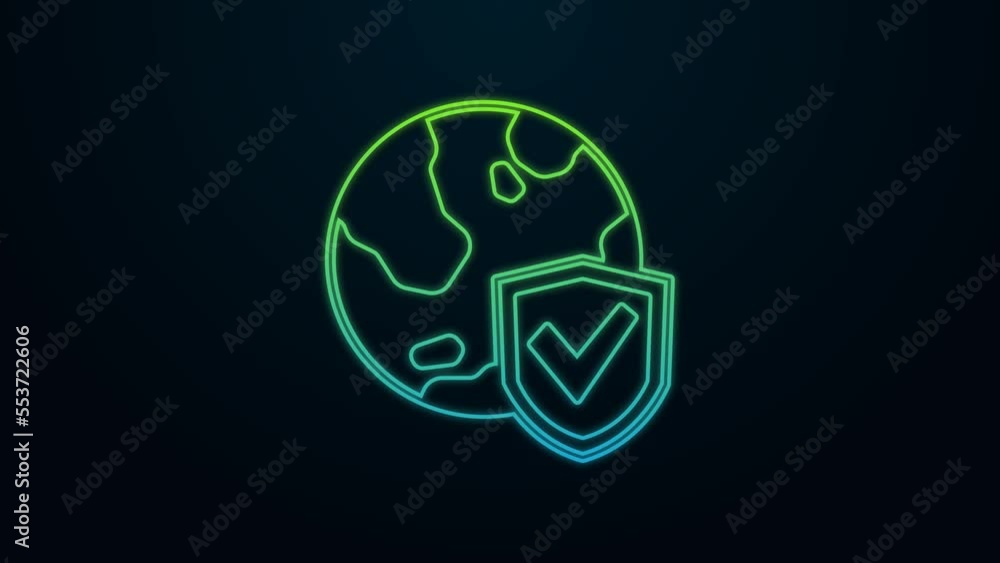 Glowing neon line Shield with world globe icon isolated on black background. Insurance concept. Security, safety, protection, privacy concept. 4K Video motion graphic animation Glowing neon line Shield with world globe icon isolated on black background. Insurance concept. Security, safety, protection, privacy concept. 4K Video motion graphic animation