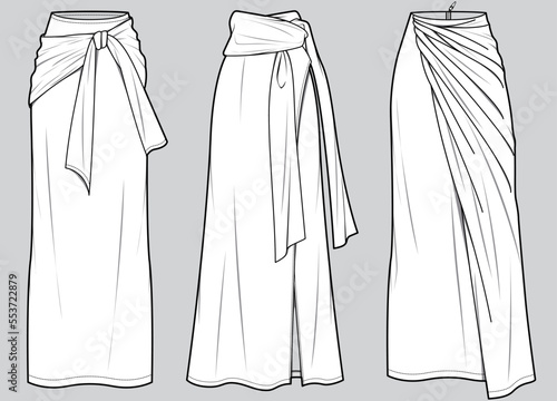 womens wrap maxi skirt flat sketch vector illustration technical cad drawing template