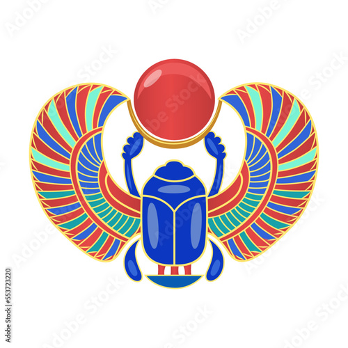 Scarab beetle with sun.Symbol of ancient Egyptian culture cartoon illustration. Vector sphinxes, pharaoh, gold elements isolated on white