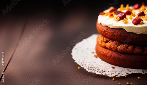 Advertising professional food photography close up of a christmas cake with a slice taken out, festive poster image  - AI Generated