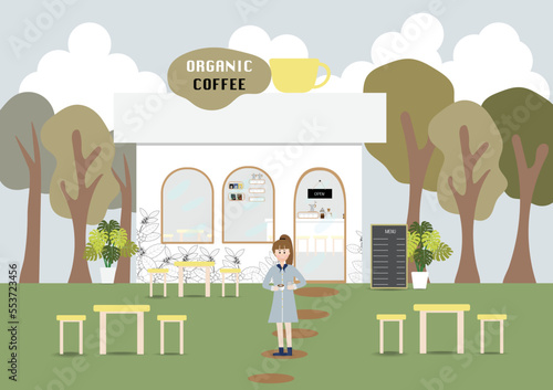 Coffee shop , outdoor cafe and people in summer city park, woman drinking coffee Vector Stock Illustration.
