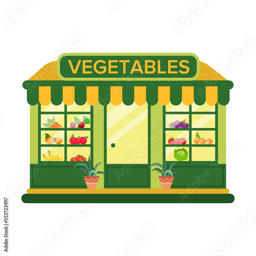 Vegetable shop exterior. Vector illustration of commercial building on city street isolated on white. Local business