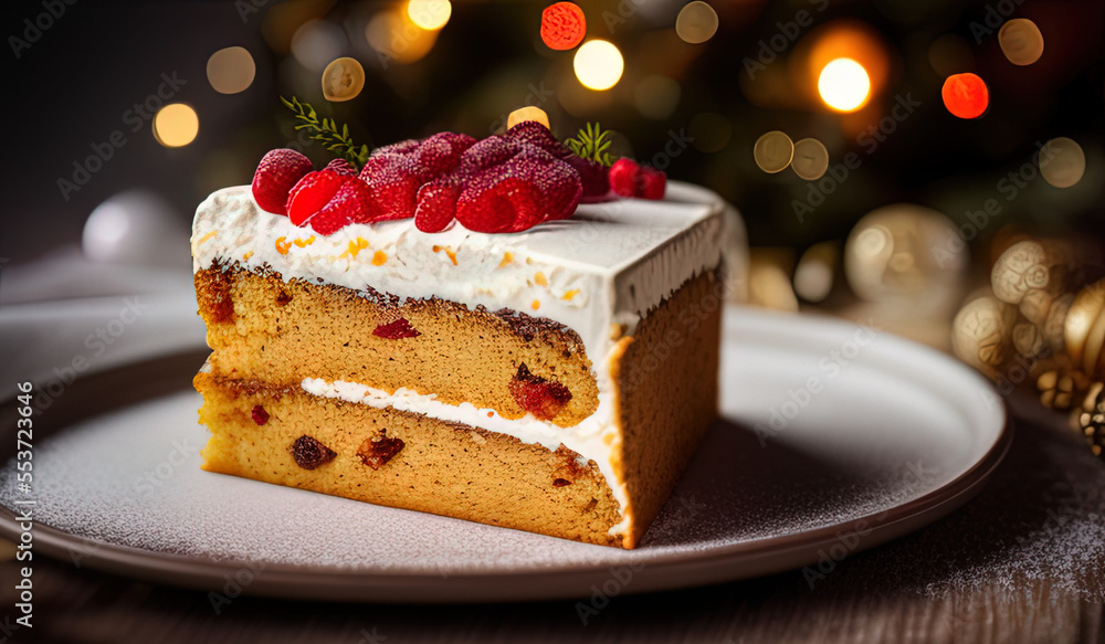 Advertising professional food photography close up of a christmas cake with a slice taken out, festive poster image - AI Generated Advertising professional food photography close up of a christmas cake with a slice taken out, festive poster image - AI Generated