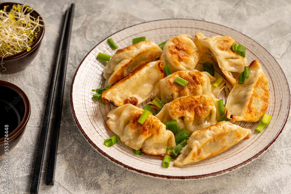 Gyoza, japanese pan-fried dumplings, on light background. Gyoza, japanese pan-fried dumplings, on light background.