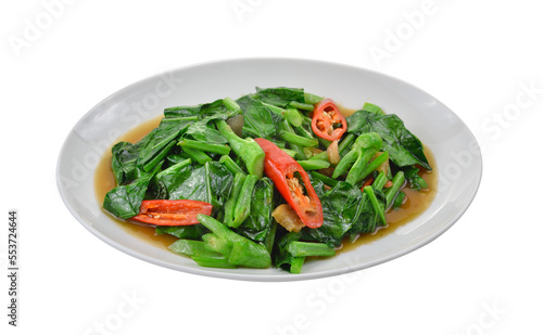 Thai food fried kale with crispy pork on transparent png