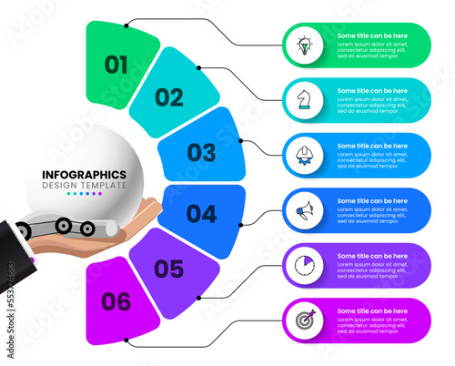 Infographic template. Semicircle with 6 icons and text