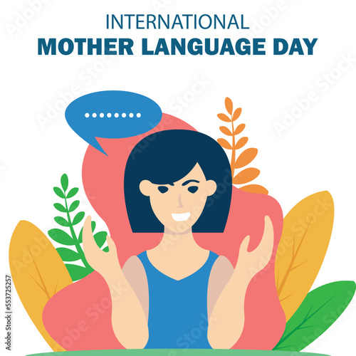 illustration vector graphic of a woman is talking, showing a background of leaves, perfect for international day, mother language day, celebrate, greeting card, etc.
