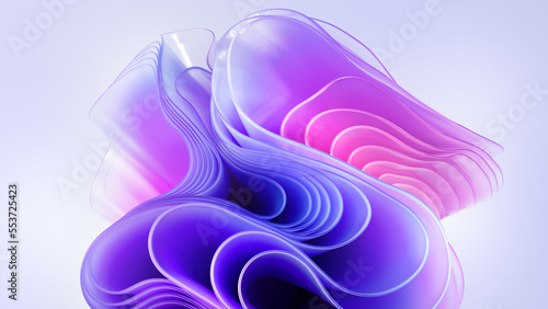 Fototapeta Naklejka Na Ścianę i Meble -  3d render, modern abstract wallpaper with curvy pink violet translucent film ruffles, layers and folds. Fashion background