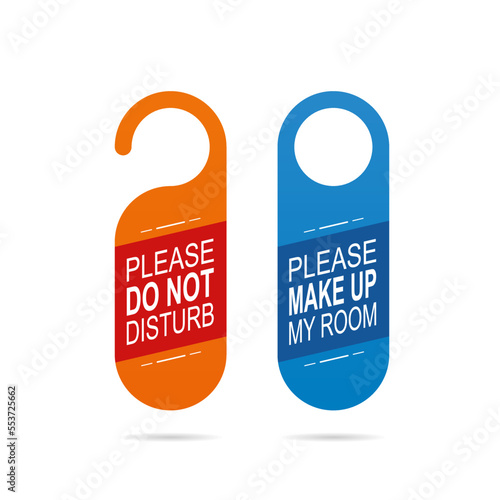 Door hanger tags for room in hotel or resort isolated on white background. Empty door flyer. Do not disturb and Make up room. Vector illistration