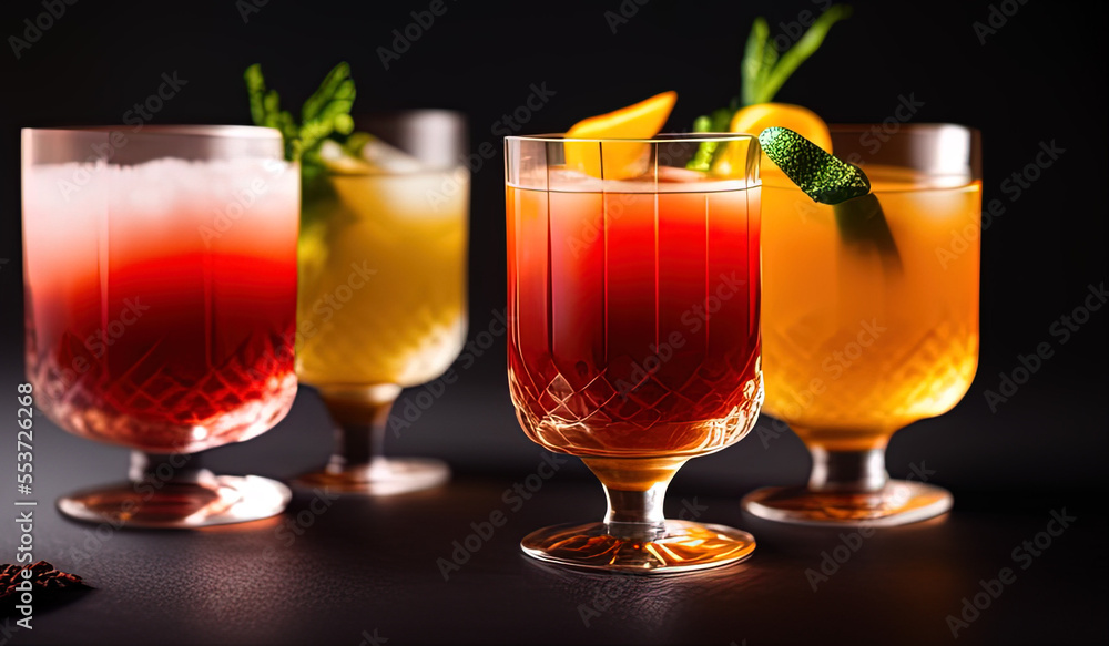 professional food photography close up of an Exotic cocktails in a dark interior  - AI Generated