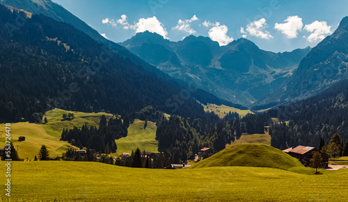 Beautiful alpine summer view at the famous Kleinwalsertal valley, Mittelberg, Vorarlberg, Austria