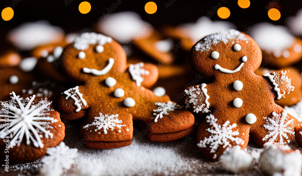 professional food photography close up of a Three gingerbread man cookies fall onto a pile of chocolate gingerbread man cookies - AI Generated professional food photography close up of a Three gingerbread man cookies fall onto a pile of chocolate gingerbread man cookies - AI Generated