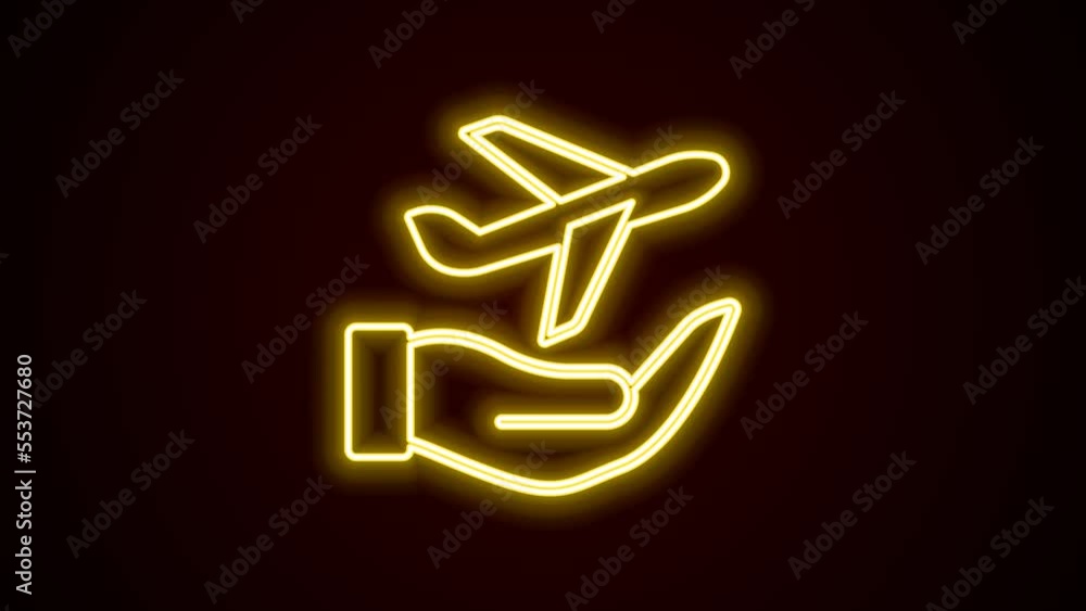 Glowing neon line Plane in hand icon isolated on black background. Flying airplane. Airliner insurance. Security, safety, protection, protect concept. 4K Video motion graphic animation Glowing neon line Plane in hand icon isolated on black background. Flying airplane. Airliner insurance. Security, safety, protection, protect concept. 4K Video motion graphic animation