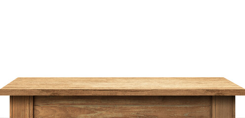 Front view wooden table mockup isolated for product presentation. Realistic rustic wood texture