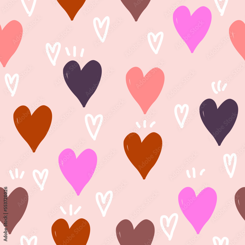 Seamless heart pattern with colorful heart and white heart hand drawn on pink background.