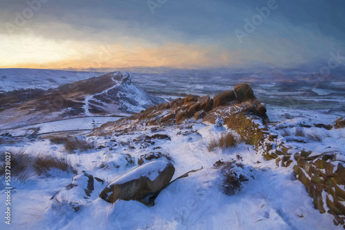 Digital painting of a Hen Cloud winter sunrise and snow at The Roaches, Staffordshire.