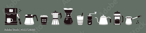 Coffeehouse accessories. Alternative coffee brewing methods, coffee machine french press kettle icons. Vector cartoon set