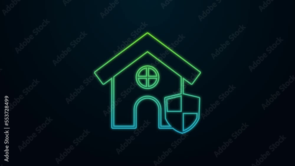 Glowing neon line House with shield icon isolated on black background. Insurance concept. Security, safety, protection, protect concept. 4K Video motion graphic animation Glowing neon line House with shield icon isolated on black background. Insurance concept. Security, safety, protection, protect concept. 4K Video motion graphic animation