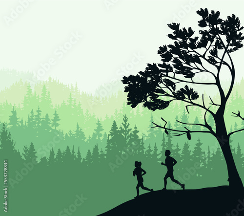Silhouette of boy and girl jogging. Tree in front, forest background. Magical misty landscape. Illustration, badge, sticker.