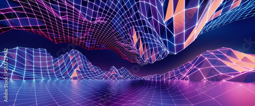 Принти на полотні 3d rendering, abstract virtual reality violet background, cyber space landscape with unreal mountains