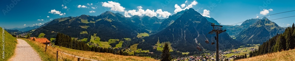 Fototapeta premium High resolution stitched panorama at the famous Zafernalift, Kleinwalsertal valley, Mittelberg, Vorarlberg, Austria
