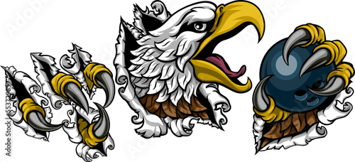 A bald eagle or hawk with claw talons holding a ten pin bowling ball and ripping or tearing through the background. Sports Mascot