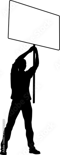 Protestor or demonstrator at a demonstration march, picket line or strike protest rally in silhouette. Holding up a banner or picket sign board placard.