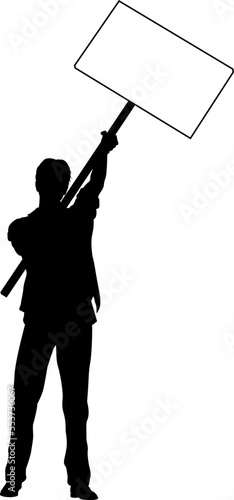Protestor or demonstrator at a demonstration march, picket line or strike protest rally in silhouette. Holding up a banner or picket sign board placard.