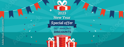 Colorful social media banner, modern, special offers, new year, christmas, fun, playful, gift