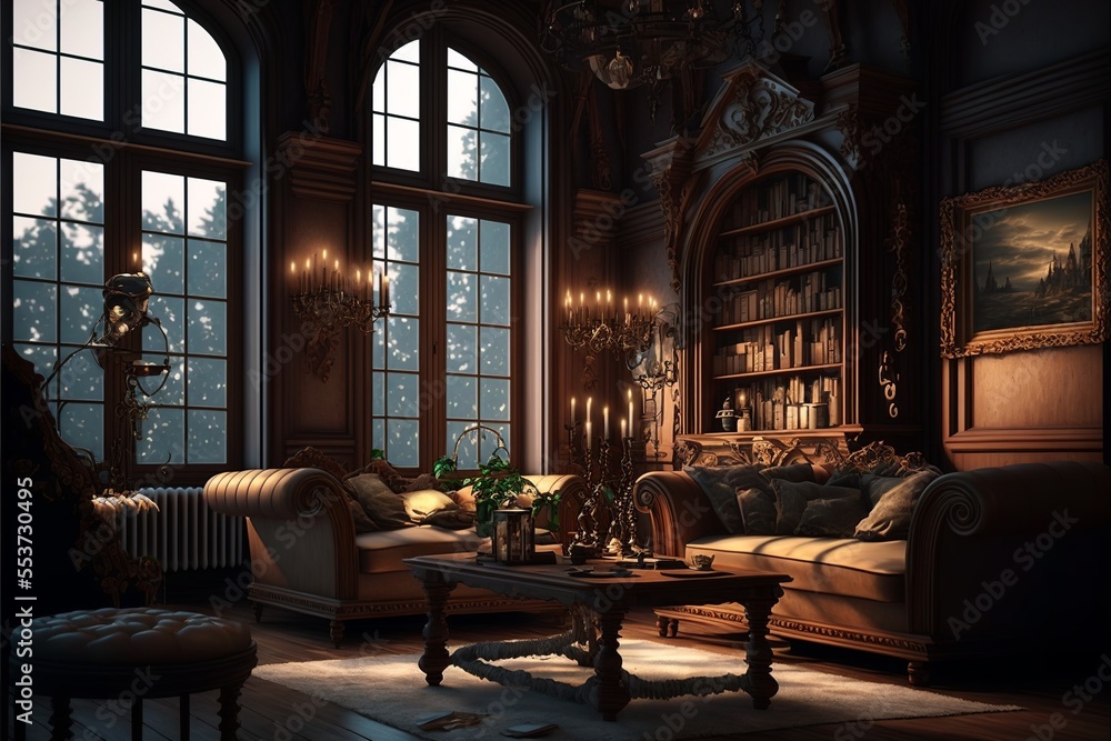 ภาพประกอบสต็อก Baroque living room interior of a gothic style castle of ...