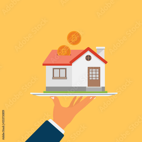 Buying Home with  Cryptocurrency. Invest Bitcoin in Real Estate Property. Vector illustration