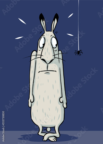 witziger Cartoon: Hase mit Phobie erstarrt vor Angst neben einer Spinne
